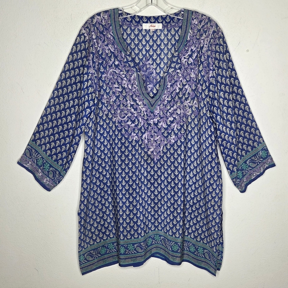 Amaya Womens 42 US M Silk Embroidered V-Neck Tunic Top Blue Purple Green Boho